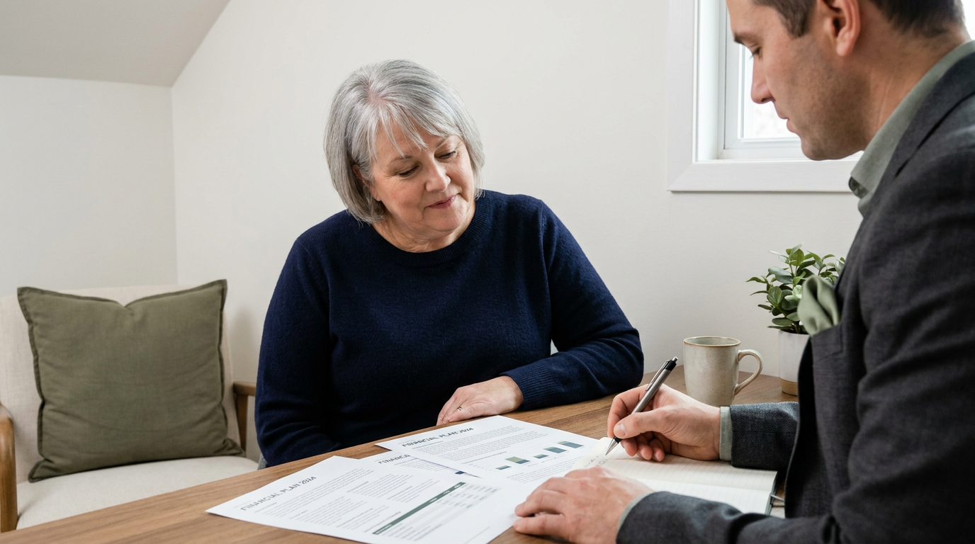 Financial advisor writing notes while a near-retirement client listens across a desk, reviewing a printed financial plan in a bright, home-like office with soft natural-style lighting.