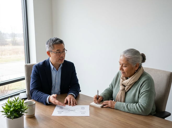 A financial advisor and an older client review a concise one-page financial diagram at a bright conference-room desk; the advisor gestures to the diagram while the client takes notes, with soft window light and clean negative space for copy.