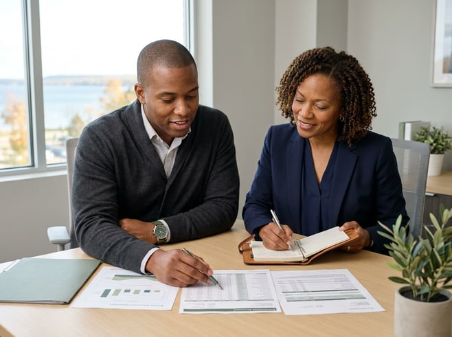 Advisor and client leaning over a sunlit desk, reviewing printed retirement and tax statements together in a small conference room with soft natural light and clean negative space for text. The advisor points at a column with a pen while the client follows along and makes notes.