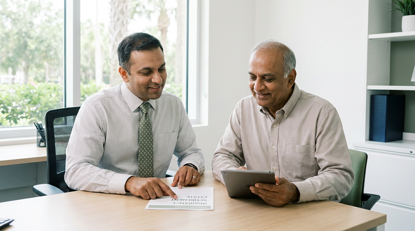 Financial planner and pre-retired client sit side-by-side in a bright office reviewing a planning worksheet and tablet that show insurance, retirement, and estate topics, with soft natural window light and calm, engaged expressions.