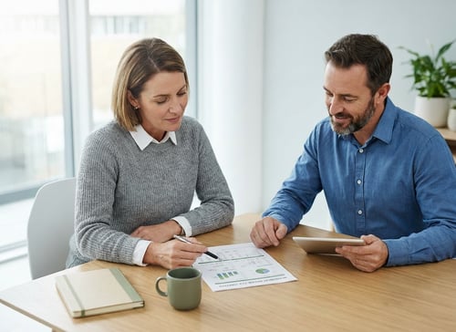 Financial advisor sitting at table with client discussing his investment strategy