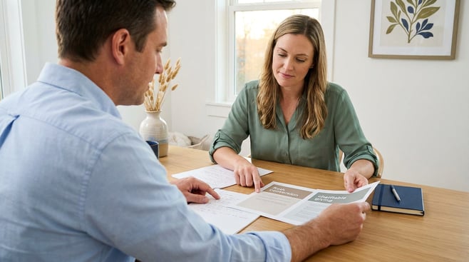 Financial advisor and client sit across a desk reviewing two side-by-side printed planning paths labeled Roth conversion and charitable giving, both taking notes in a bright home office with warm window light. The composition leaves clean white space for headlines and emphasizes a calm, comparative planning conversation rather than a sales pitch.