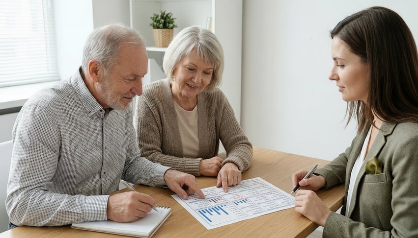 A couple and their financial advisor lean over a printed retirement timeline on a clean home-office desk, pointing at labeled phases for work income, Social Security, IRA withdrawals, and taxes under soft window light. The mood is calm and collaborative, with clear focus on the paper and gentle negative space for copy.