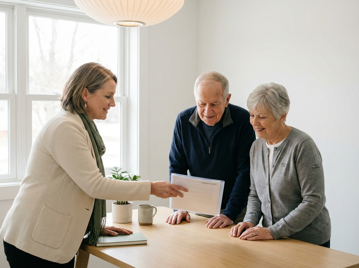 A financial advisor, a parent, and a grandparent stand around a bright office table reviewing a printed financial plan, with calm expressions and soft, even window and studio-lighting. The composition leaves clean white space for copy and emphasizes collaboration and confidence in the next steps.