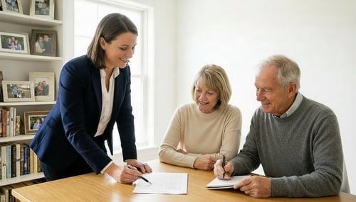 couple meeting with financial advisors discussing insurance planning strategies