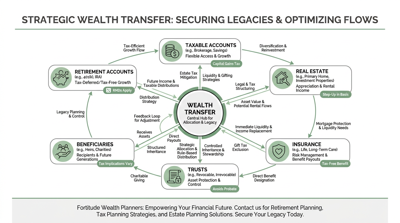 Infographic showing a central “Wealth transfer” hub with labeled nodes for retirement accounts, taxable accounts, real estate, insurance, trusts, and beneficiaries connected by arrows and short annotations that explain interactions and tax/estate planning roles.