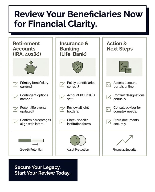 Clean infographic checklist showing common account types (IRA, 401(k), life insurance, bank accounts) with short beneficiary-review prompts and a prominent note that beneficiary forms are separate from wills, arranged in three columns with simple icons and a dark header. Designed for clear scanning with high-contrast headings and muted green highlights.