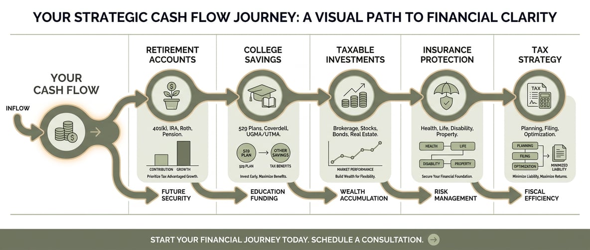 Horizontal infographic planning map showing cash flow split into labeled nodes for retirement, college savings, taxable investments, insurance, and taxes, connected by directional arrows, short labels, icons, and a bottom call-to-action.