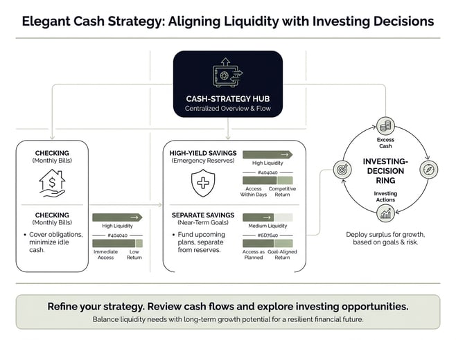 Clean infographic showing a central cash strategy hub with three labeled cash buckets (checking for monthly bills, high-yield savings for emergency reserves, and separate savings for near-term goals) and a simple investing-decision ring, using Raleway type and the brand green and navy accents on a white background. Includes thin-line icons and direct labels for quick scanning.
