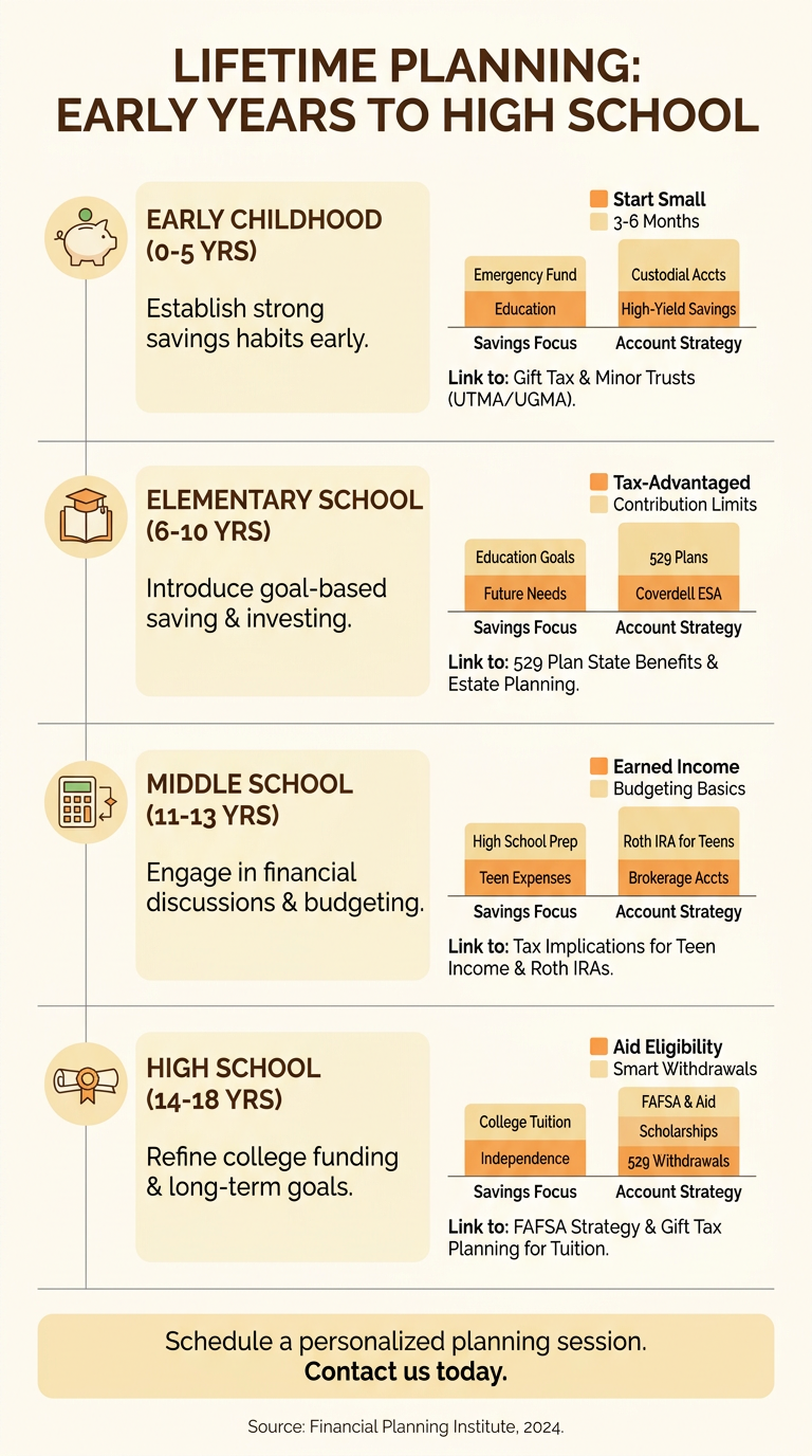 Vertical infographic timeline showing four childhood planning stages from early childhood to high school, with labeled savings focus, recommended account types, small flat charts, and a final call-to-action. Clean, grid-based layout with friendly icons and brand colors on a white background for easy scanning.