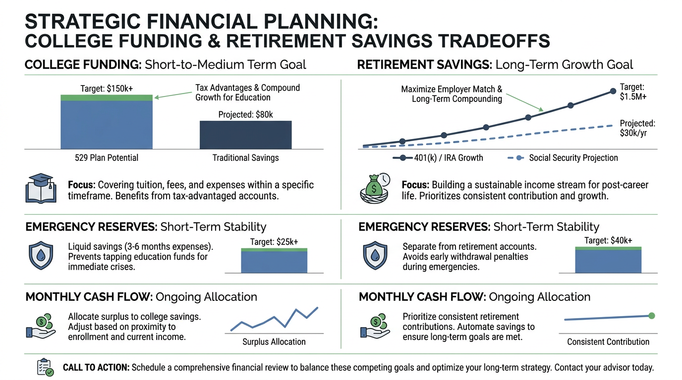 Infographic comparing college funding versus retirement savings with emergency reserve and monthly cash flow rows, showing labeled bar and line charts, short callouts, and a final call-to-action in a clean, grid-based layout.