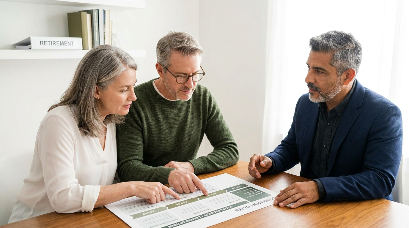 A couple and their advisor review a printed retirement timeline across a desk in a bright home office, pointing at age 62, age 65, and Social Security claiming options while discussing next steps.