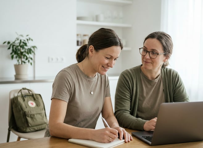 A couple sits at a bright kitchen table reviewing family finances with a laptop, calendar, and notepad while a child’s backpack rests nearby; soft, even light and neutral tones convey calm, practical planning. The scene has clean negative space and natural, muted color accents for a professional, approachable feel.