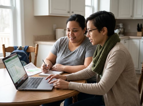 couple reviewing family finances kitchen table