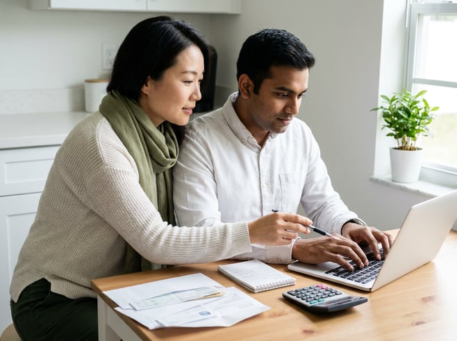 A couple at a bright kitchen table reviewing bills and a laptop together, leaning in with calm, focused expressions as one points to a spreadsheet; soft window light and clean white surfaces create a clear, approachable scene. The composition leaves open negative space to the left for editorial copy, with subtle green accents and muted neutrals.