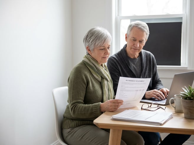 A couple at a home office nook reviewing retirement paperwork and a laptop on a tidy table; one person holds a printed statement while the other types, lit by soft window-like light in a calm, organized setting.