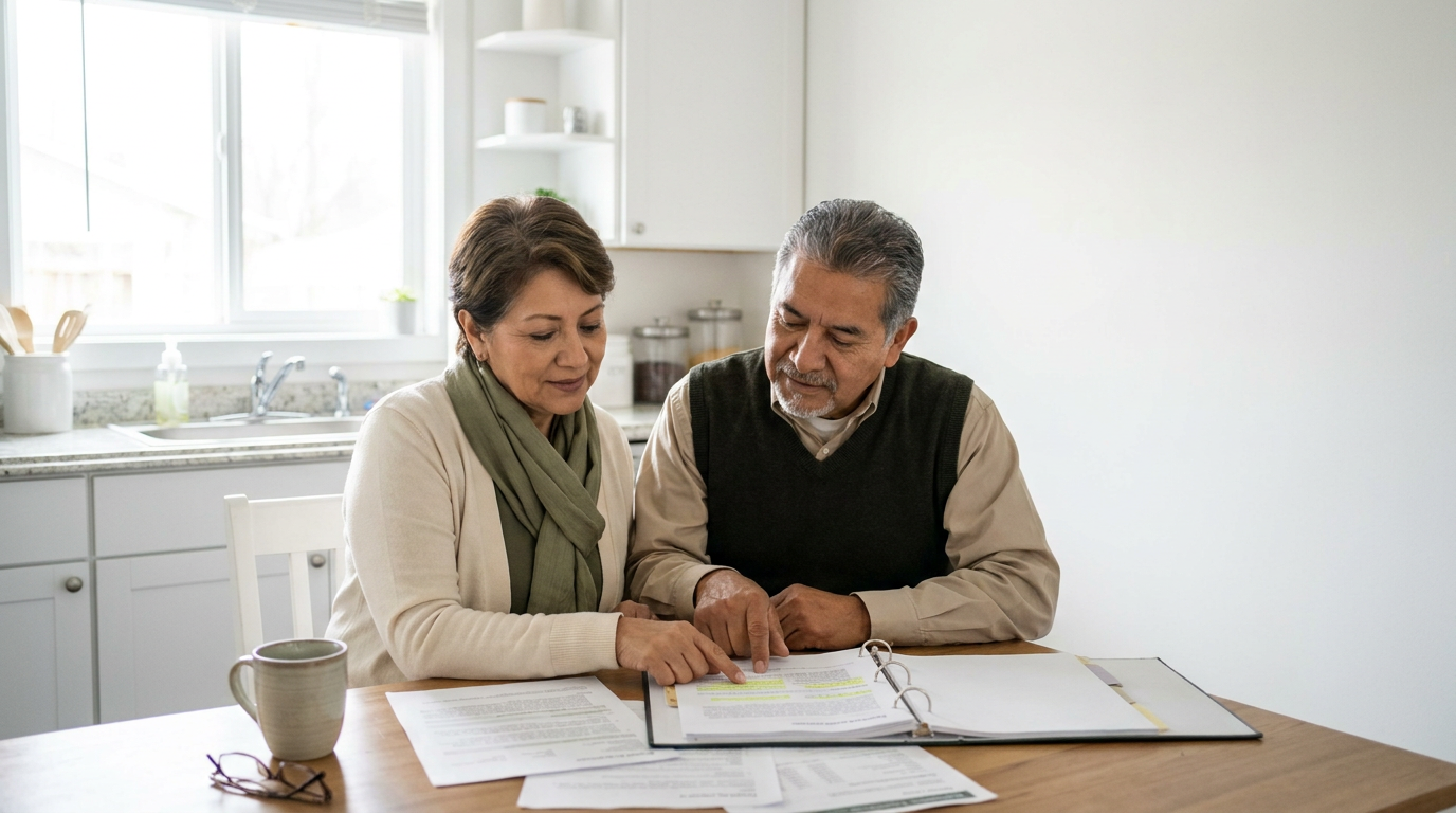 Two older adults sit at a bright kitchen table reviewing retirement documents together, leaning in with calm, focused expressions and soft natural window light. The scene is organized and minimalist with white cabinets and clean negative space for editorial use.