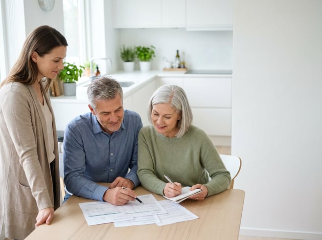 A late-50s couple at a home-office table reviewing retirement paperwork together under soft window light, documents spread out and one person pointing while the other takes notes; clean white background and calm, organized composition with subtle green-accent clothing.