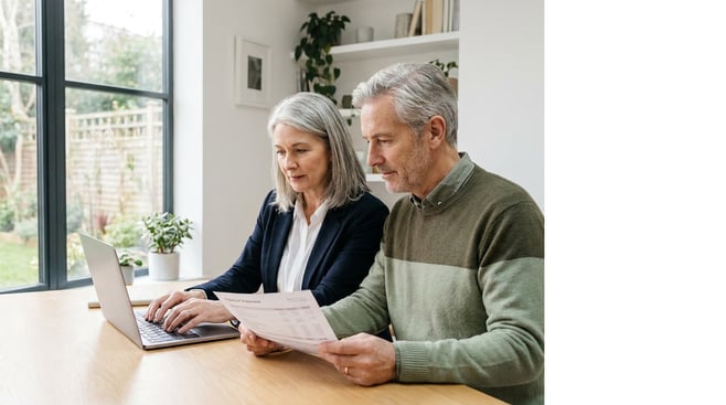 A couple in their late 50s review financial documents together at a home desk next to an open laptop under soft diffused light, conveying a calm, focused retirement planning moment with clean white surroundings.