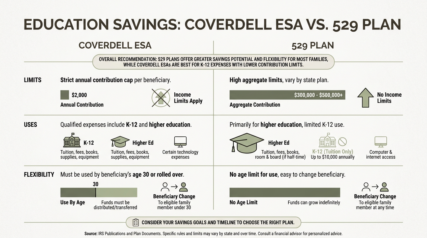 Horizontal infographic comparing a Coverdell ESA and a 529 plan across three labeled rows (Limits, Uses, Flexibility), showing side-by-side bar comparisons, simple icons, and a bottom call-to-action using Fortitude brand colors. Designed for clear scanning with a single headline, short takeaways per row, and a visible source line.