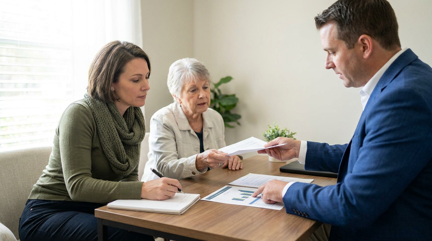 Three people meeting in a bright office: an advisor explains a chart while an adult child and their older parent review documents together, with soft natural light and a clean white background. The scene emphasizes calm, practical family planning and document review in a professional setting.
