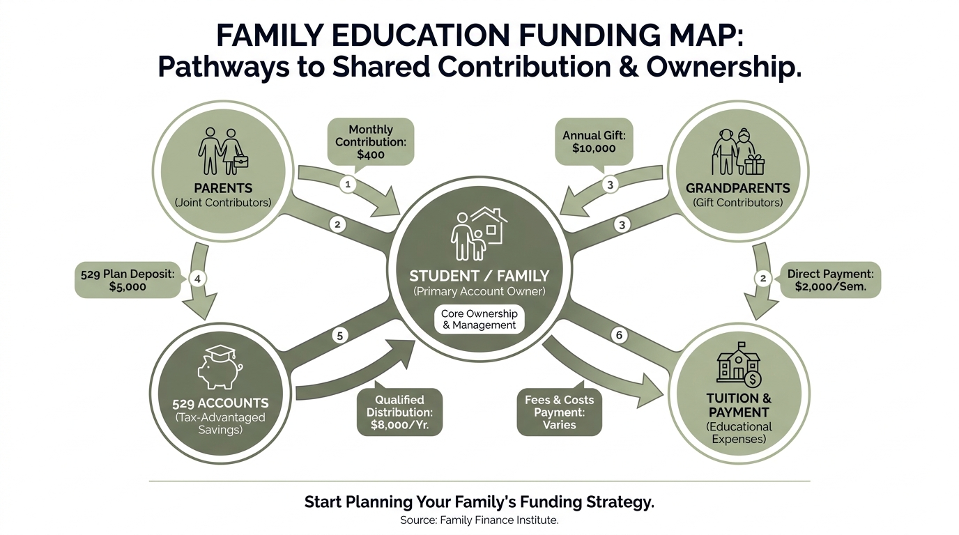 Infographic showing a central family node with arrows to parents, grandparents, 529 accounts, and tuition payment nodes, labeled to show which accounts are owned by whom and how contributions flow; headline at top and a short call-to-action with source at the bottom.