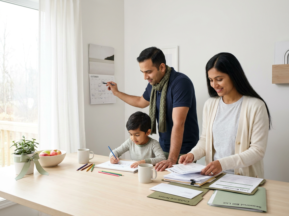 Parents review a household calendar and expense lists at a sunlit kitchen table while their child draws nearby; bills, childcare notes, and seasonal payment reminders are visible and clearly organized on the table. The scene is calm and focused with soft natural light and clean negative space for copy.