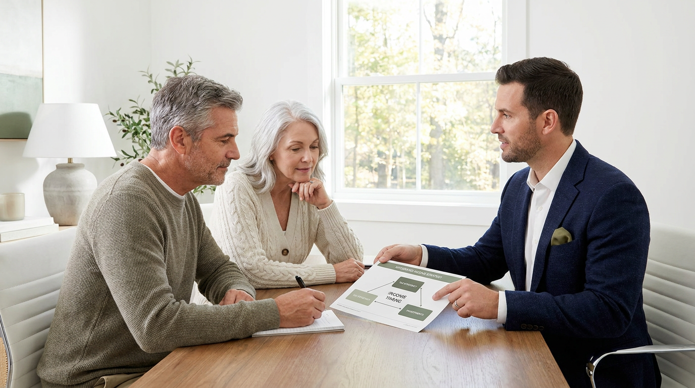 Financial planner showing a simple worksheet to a pre-retiree couple during a calm planning meeting in a bright office with soft, natural-looking light and muted neutral styling.