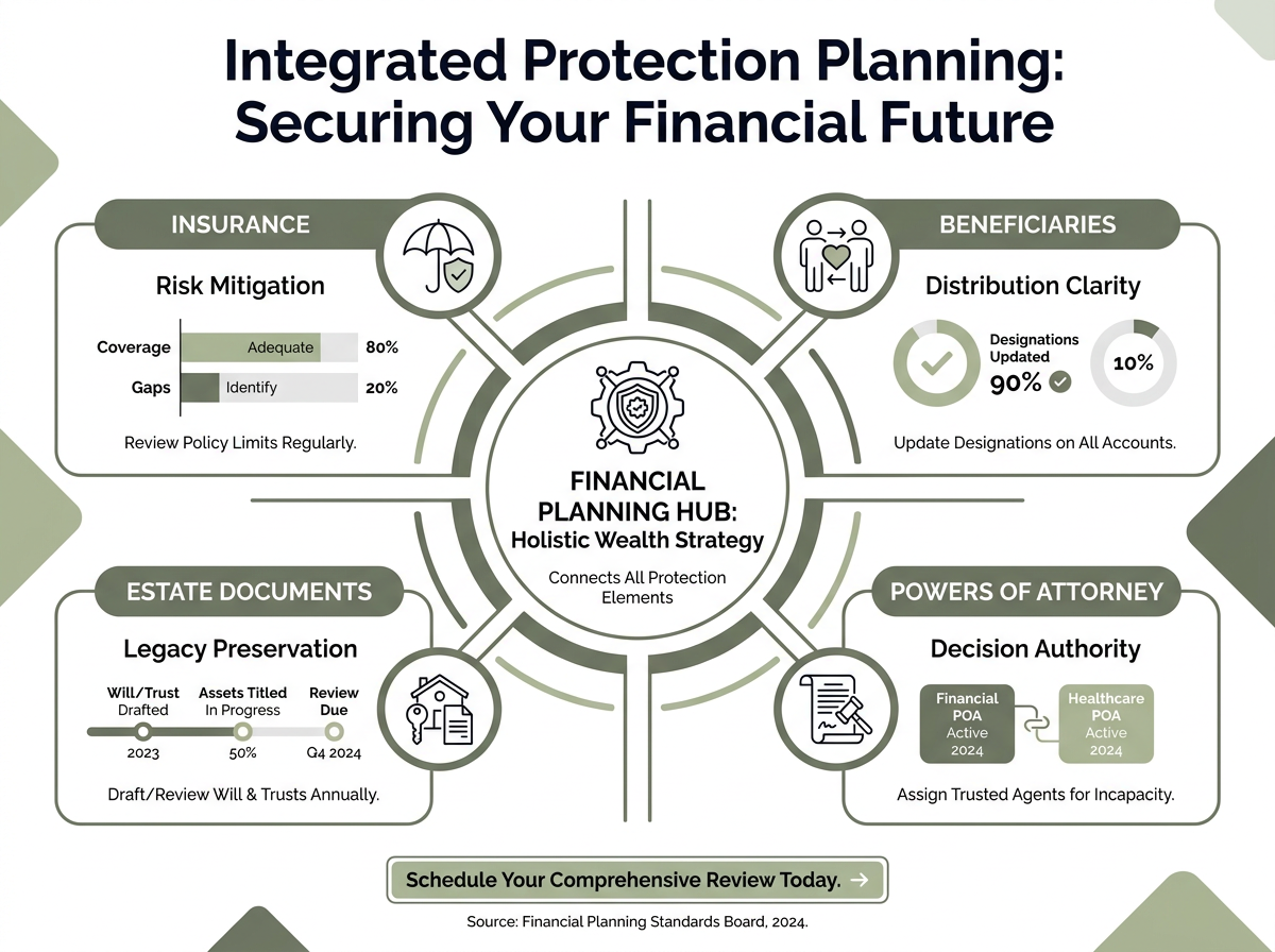 Infographic showing a four-part protection checklist, insurance, beneficiaries, powers of attorney, and estate documents, arranged around a central financial planning hub with clean icons, short labels, and brand colors for clarity.