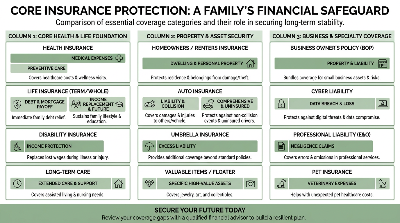 Infographic comparison chart showing core insurance categories and which parts of a family’s finances they protect