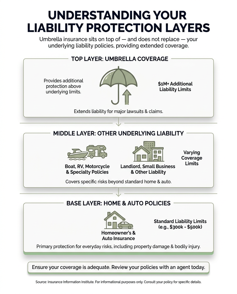 Vertical infographic showing a stacked diagram of insurance layers with home and auto policies at the base, other underlying liability policies in the middle, and umbrella coverage at the top, with labels clarifying umbrella insurance sits on top of but does not replace underlying policies.