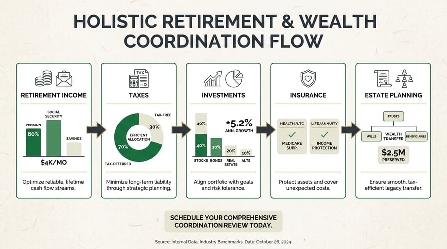 Horizontal infographic showing five connected planning panels—Retirement Income, Taxes, Investments, Insurance, and Estate Planning—linked by arrows, each with a short takeaway, a labeled mini-chart, and a simple icon. Clean white background, restrained brand colors, and a call-to-action block at the bottom.