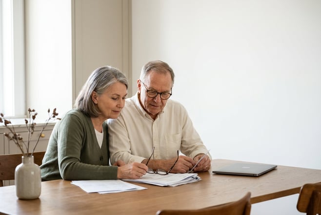 Mature couple sitting side-by-side at a dining table in a bright kitchen nook, calmly reviewing financial papers together under soft window light; the scene feels thoughtful and domestic with clean negative space.