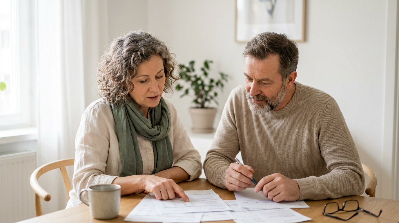 Mature couple at a bright dining table calmly reviewing household documents together under soft window light, conveying thoughtful retirement planning in a clean, organized home setting.