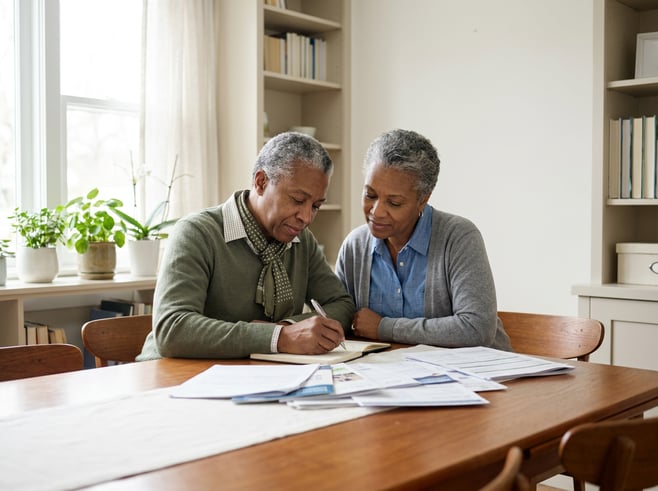 A mature couple sits at a tidy table reviewing retirement paperwork together in a bright home-office with soft morning light and plants; one person writes notes while the other looks on attentively. The scene is calm, organized, and framed with negative space for headline copy.