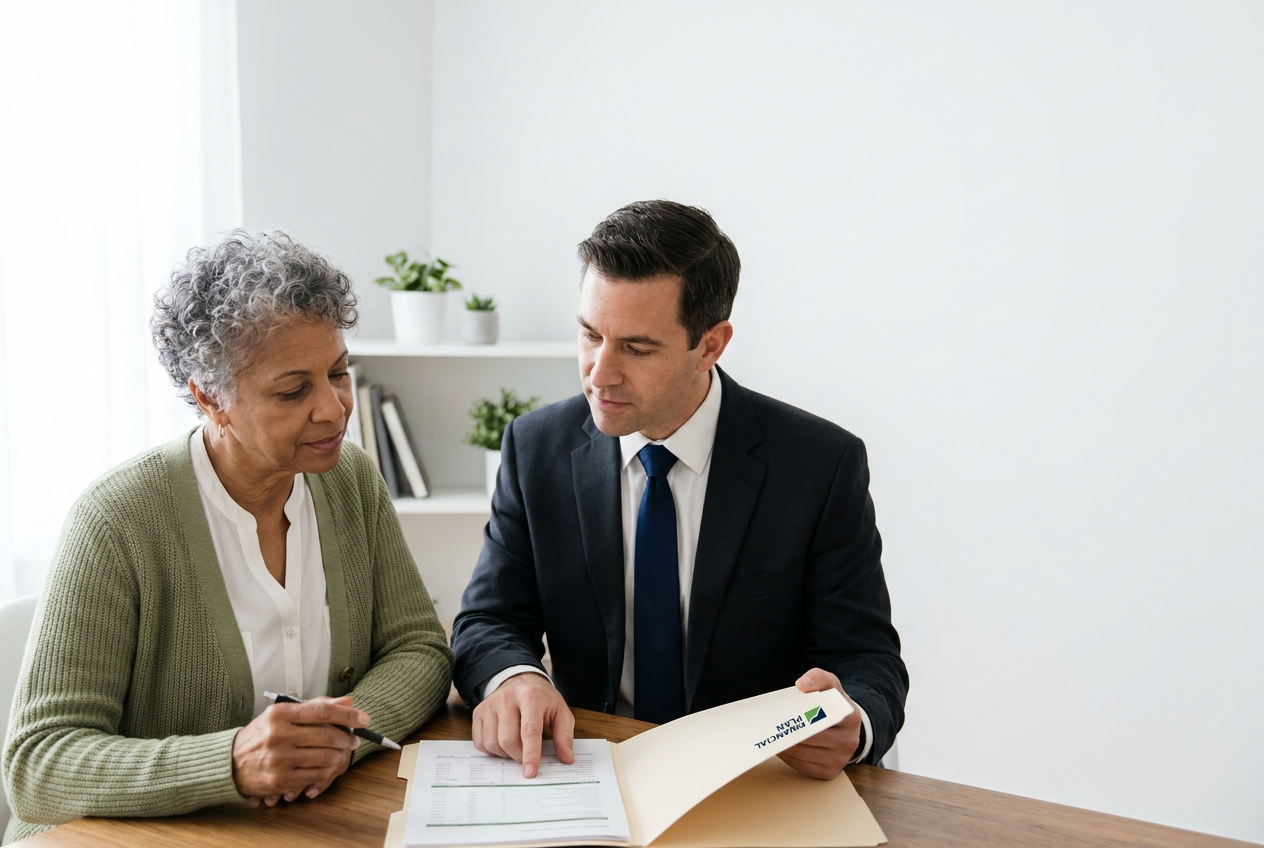 An older woman and a financial advisor sit side-by-side in a quiet home-office corner reviewing a folder together, the client looking serious but reassured while the advisor gestures to the documents. The scene is softly lit with natural window light, minimal decor, and clean white negative space on the right.