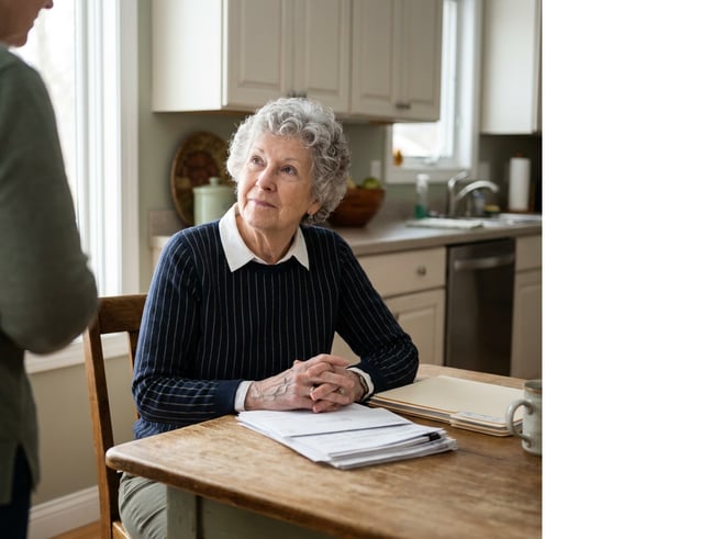Older woman reviewing organized financial papers at a sunlit dining table with hands clasped over statements, looking up toward an advisor. The background is a clean, neutral kitchen with white-dominant space left for copy.