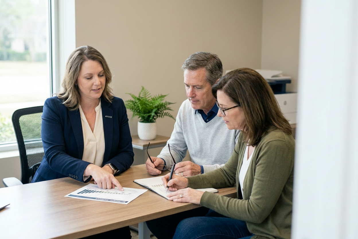 A pre-retirement couple and a financial advisor seated across a desk reviewing a printed retirement plan with timelines and notes in a calm office setting with soft natural light.