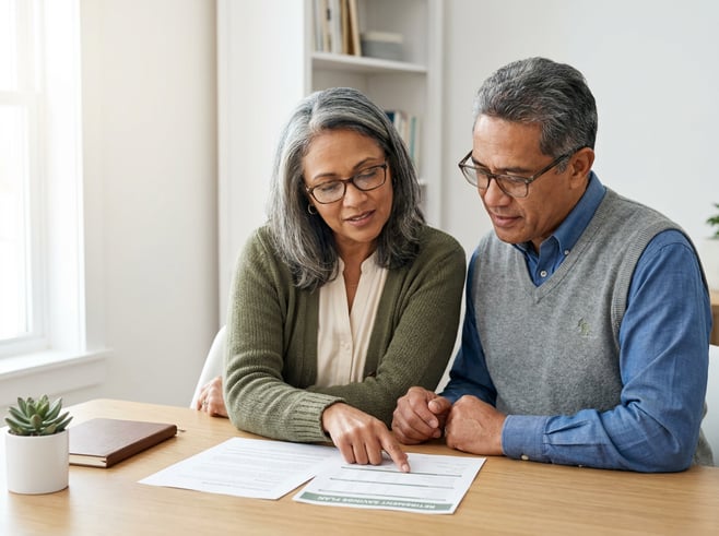 A pre-retirement couple sits at a clean home desk reviewing financial documents under soft window light, focused and collaborative with papers and a notebook visible. The scene is calm and organized, framed with negative space for copy.