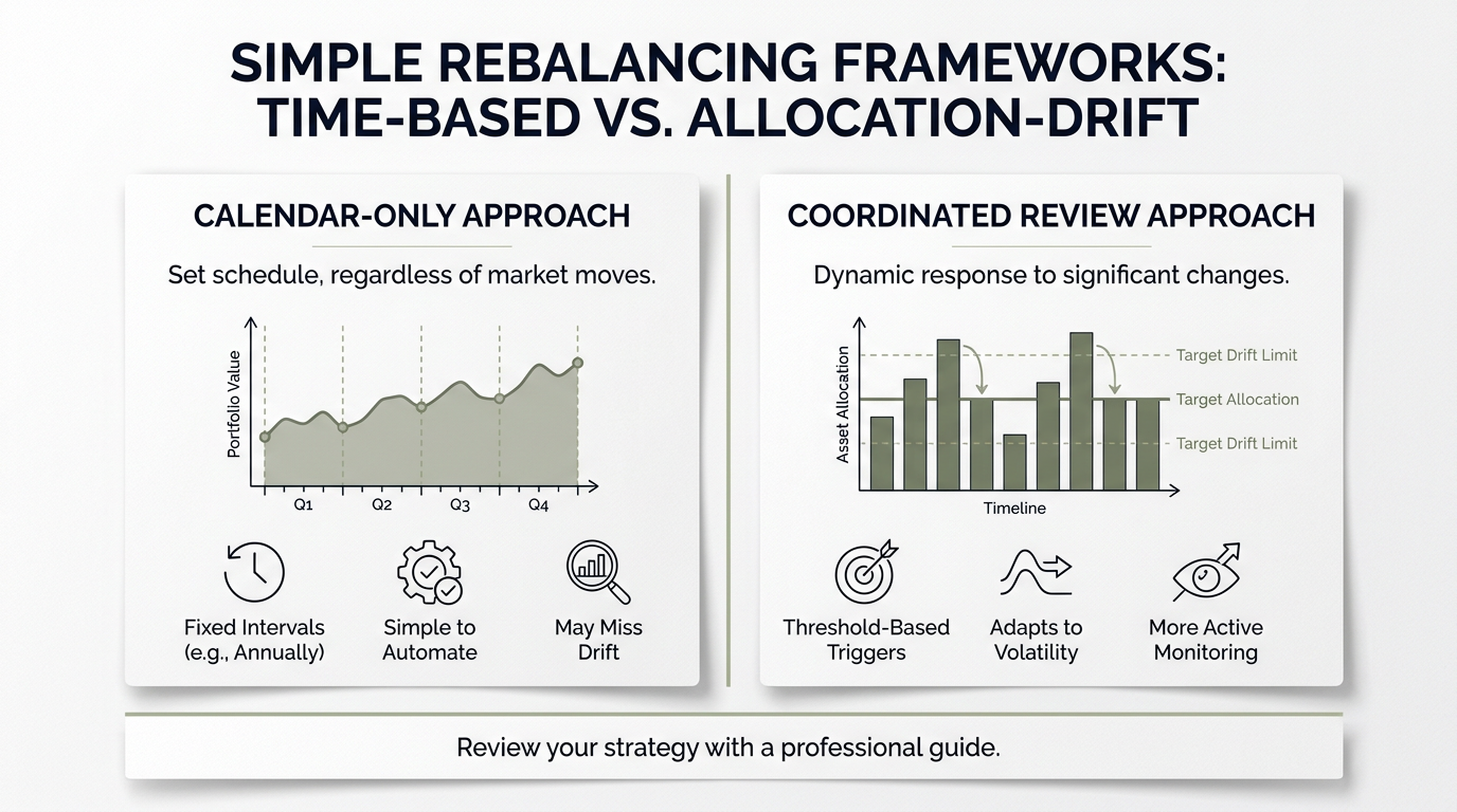 Infographic comparing two rebalancing approaches—calendar-only versus coordinated review—showing two side-by-side cards with one-line takeaways, simple charts, and icon-led labels to illustrate time-based reviews and allocation-drift triggers. Clean, grid-based layout on a white background using the brand’s muted greens and dark anchors.