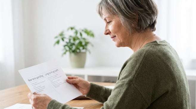 An older adult seated in a bright home office reviewing a printed retirement income plan with labeled account buckets for near-term spending and long-term growth; the scene is calm, practical, and lit with soft window light.