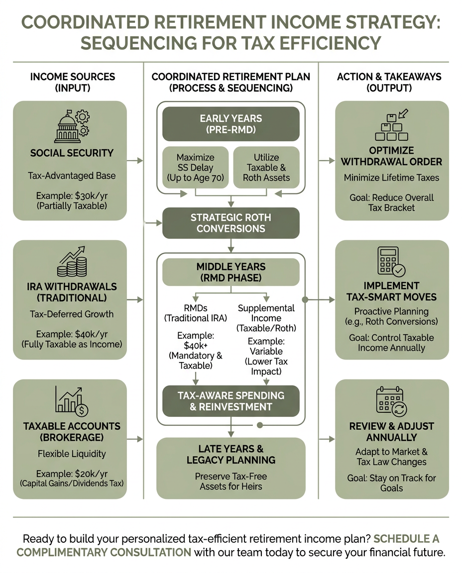 Infographic flowchart showing retirement income sources (Social Security, IRA withdrawals, taxable accounts) feeding into a central coordinated retirement plan with labeled sequencing, tax-aware callouts, and a final action box.