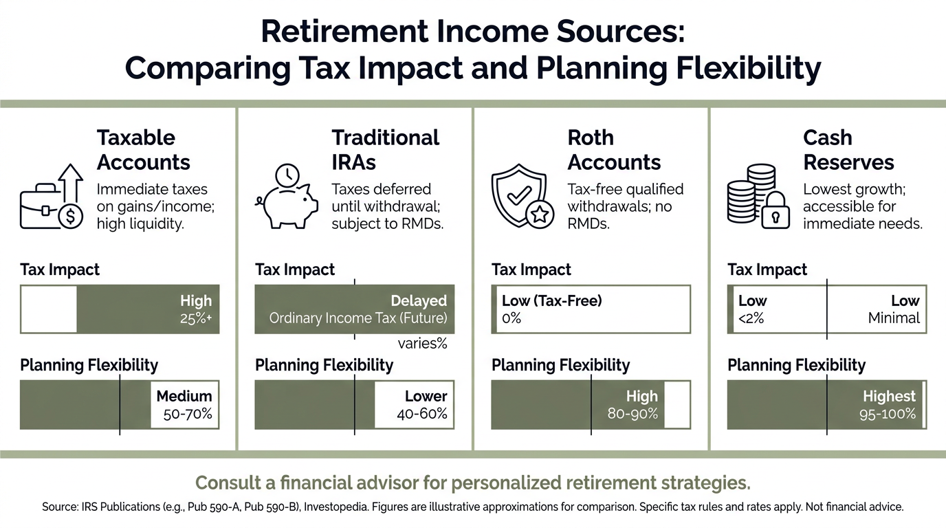 Infographic comparing taxable accounts, traditional IRAs, Roth accounts, and cash reserves side-by-side with simple bar visuals and labeled tax-impact cues in a minimal, flat corporate style.