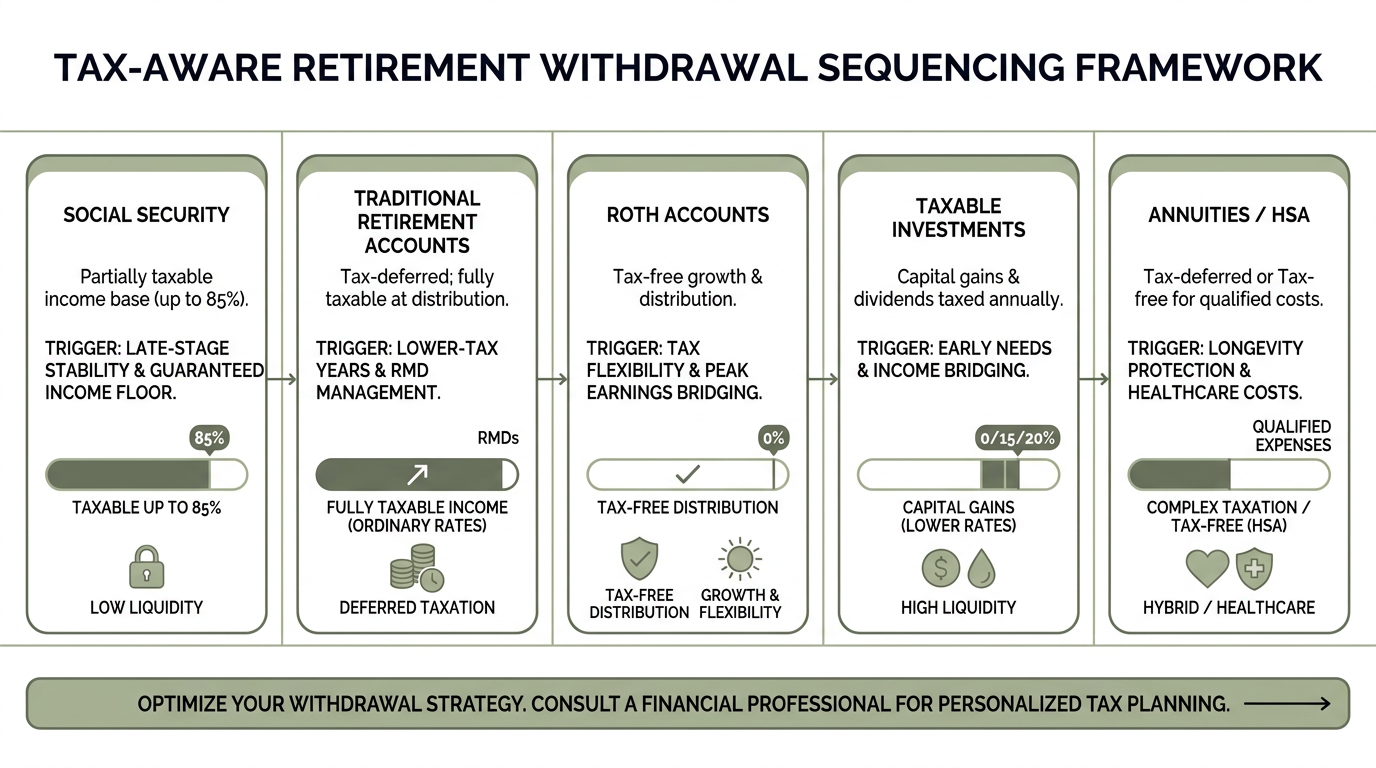 Infographic comparing retirement income sources in a left-to-right process flow showing when each account type is most useful in a tax-aware withdrawal plan