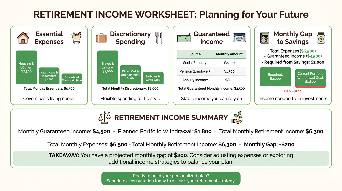 Infographic-style retirement income worksheet with labeled cards for essential expenses, discretionary spending, guaranteed income, and monthly gap to savings.