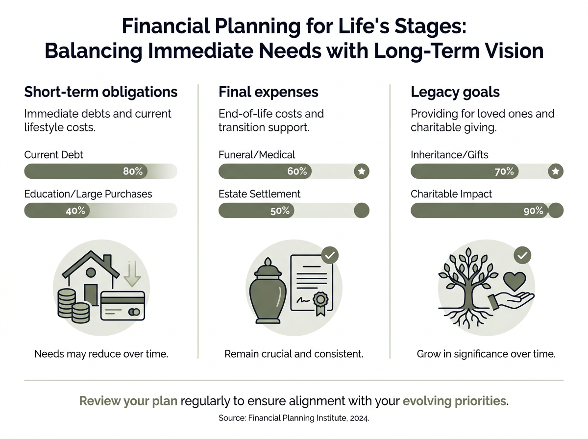Infographic checklist showing retirement insurance needs grouped into three columns: short-term obligations, final expenses, and legacy goals, with faded icons and lighter bars for needs that tend to diminish and solid marks for persistent needs; includes labeled mini-charts and a final call-to-action. Clean white background, Raleway typography, and a restrained palette of deep anchors and muted green highlights.