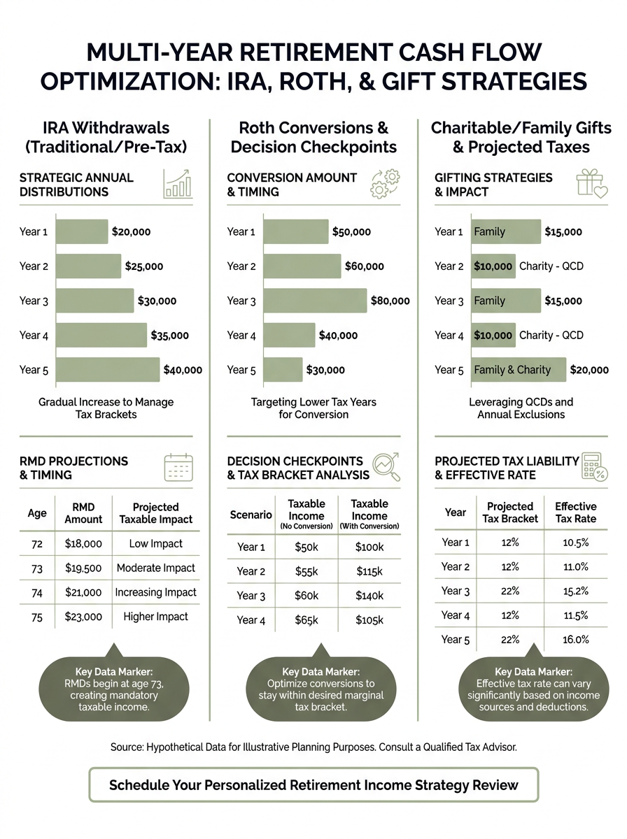 Vertical infographic showing a three-column financial planning worksheet comparing IRA withdrawals, Roth conversions, charitable or family gifts, and projected taxes across multiple years, with bar charts, decision-step icons, and a final call-to-action.