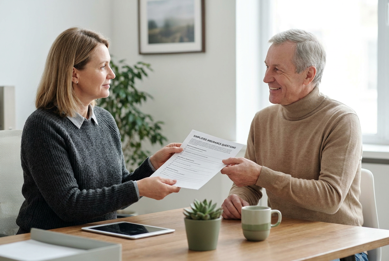 A retirement advisor hands a client a printed checklist across a sunlit desk during a focused, friendly planning meeting in a clean office setting.