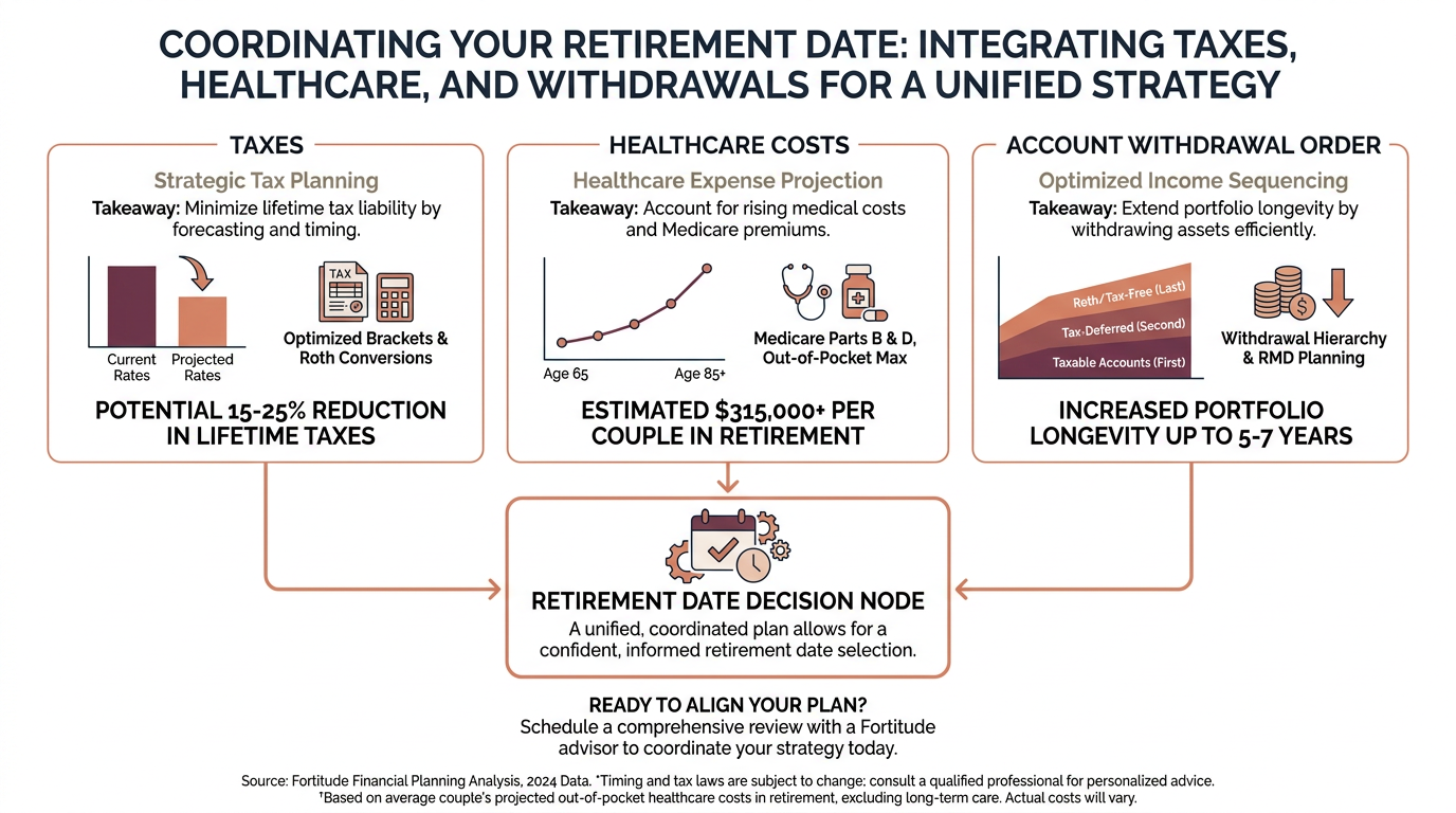 Infographic showing three connected retirement planning tracks - taxes, healthcare costs, and account withdrawal order.