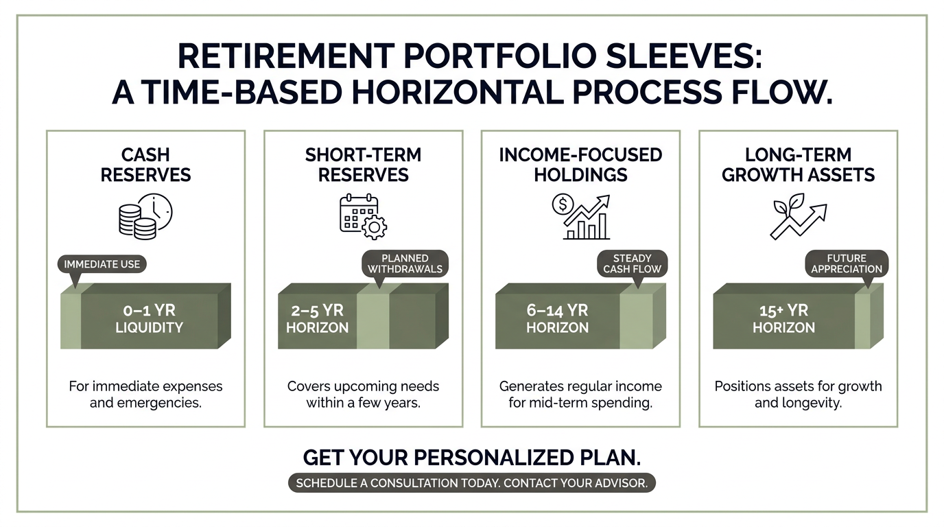 Infographic showing a left-to-right sequence of four time-based retirement portfolio sleeves—cash, short-term reserves, income-focused holdings, and long-term growth—each with a labeled segmented bar and short takeaway. Clean, geometric layout using the brand palette for clear visual hierarchy and a closing call-to-action at the bottom.